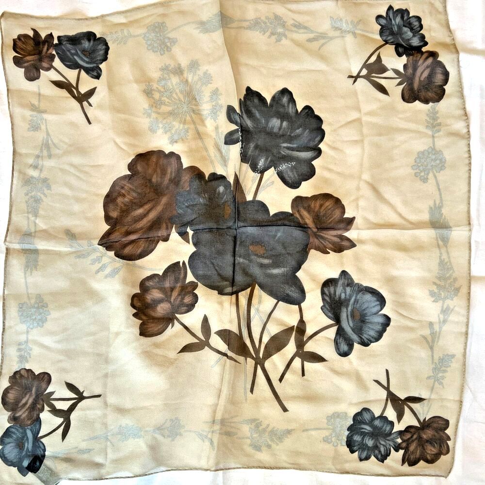A. Brod Scarf Womens sheer beige chiffon silk blue flowers vintage 20 ins sq